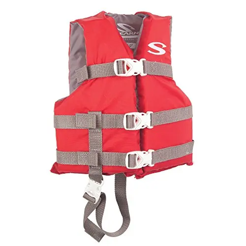 Classic red Stearns life vest for children with adjustable straps and leg strap