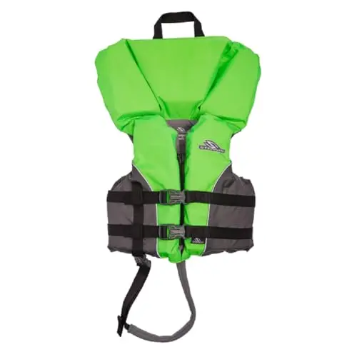 STEARNS green and gray toddler life jacket with head support collar