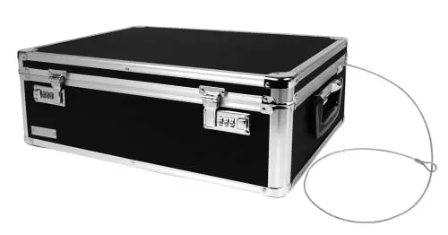 Vaultz black and silver locking storage trunk with a combination lock and carrying handles.