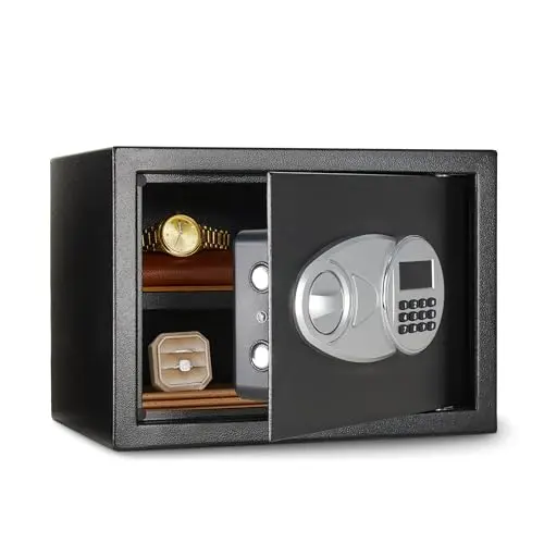 Amazon Basics small black electronic safe with keypad and shelf