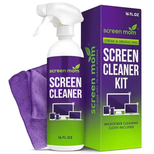 Screen Mom screen cleaner spray bottle and purple microfiber cloth