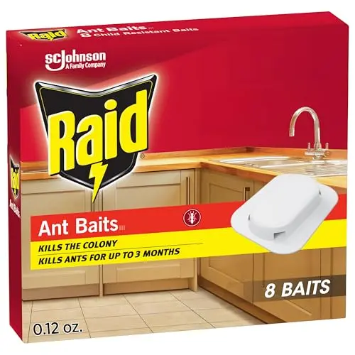 Raid Ant Killer Baits package showing eight child-resistant bait stations