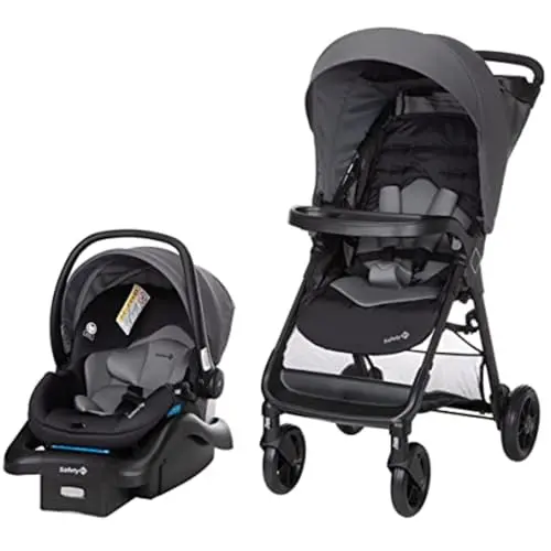 Safety 1st Smooth Ride Travel System in Monument color, showing stroller with large canopy and car seat attached.
