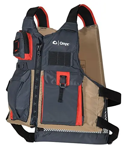 Onyx Kayak Fishing Life Jacket in tan color, showing multiple pockets and adjustable straps.