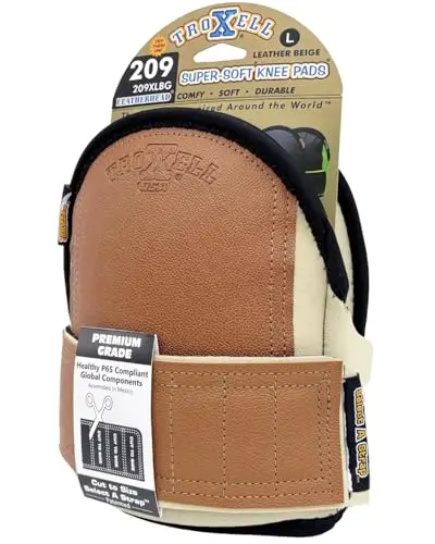 TROXELL USA SuperSoft Leatherhead Kneepads in beige, shown with wide neoprene straps