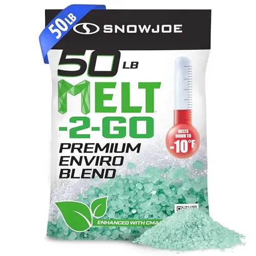 Snow Joe Enviro Blend Ice Melt 50-pound bag with green-coated crystals