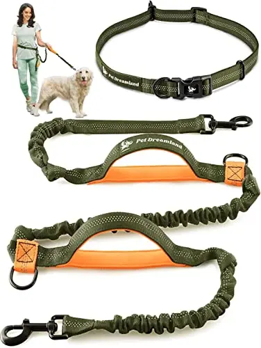 Pet Dreamland khaki and orange hands-free waist leash for large dogs