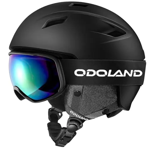Odoland ski helmet and goggles set in a carry bag, showing helmet vents and goggle strap