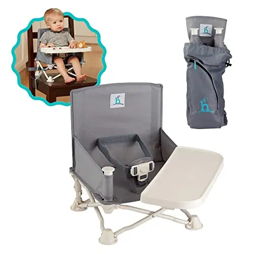 Hiccapop OmniBoost travel booster seat with swivel tray, shown in slate grey folded and unfolded.