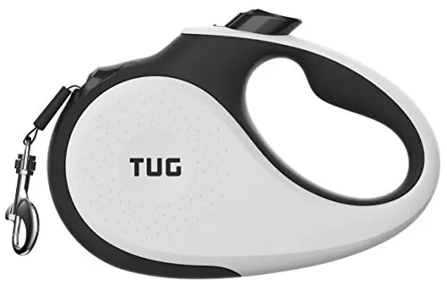 TUG white retractable dog leash with a large ergonomic handle.
