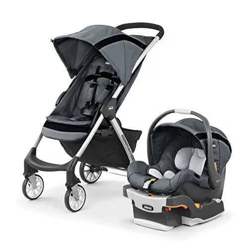 Chicco Mini Bravo Sport Travel System folded compactly next to a carry-on suitcase