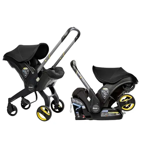 Doona Car Seat and Stroller in Nitro Black, shown transforming from car seat to stroller mode.