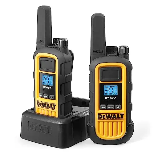 DEWALT DXFRS800 walkie talkie with its anti-slip, rugged yellow and black housing
