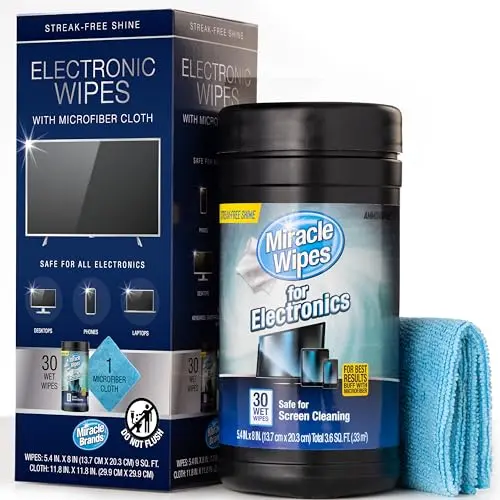 MiracleWipes canister of electronic screen cleaning wipes with a towel