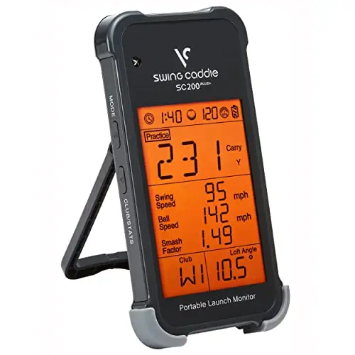 Voice Caddie SC200Plus portable launch monitor on a stand