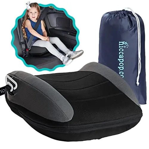 Hiccapop UberBoost inflatable backless booster car seat in black and gray