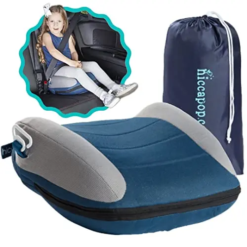 Hiccapop UberBoost inflatable booster car seat in navy blue and gray