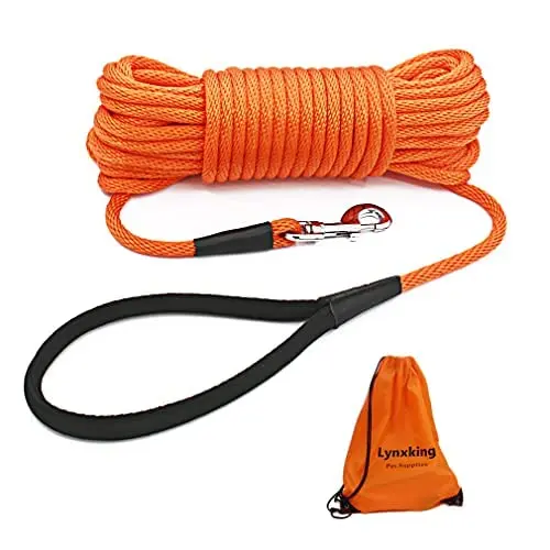 Lynxking 30-foot orange round rope dog leash with a swivel clasp