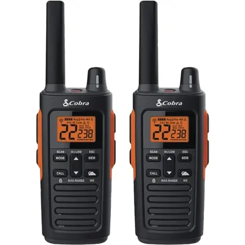 Cobra RX680 rugged black and orange splashproof two-way radios with charging dock