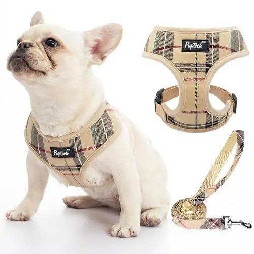 PUPTECK beige plaid soft mesh dog harness and leash set.