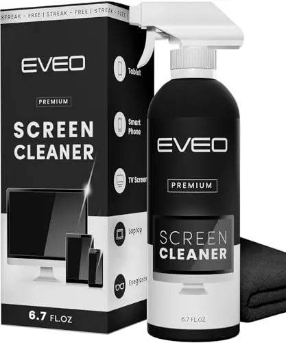 EVEO screen cleaner spray bottle and plush blue microfiber cloth