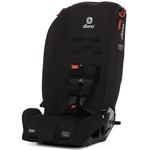 Diono Radian 3R 3-in-1 Convertible Car Seat in Jet Black, shown folded for compact storage.