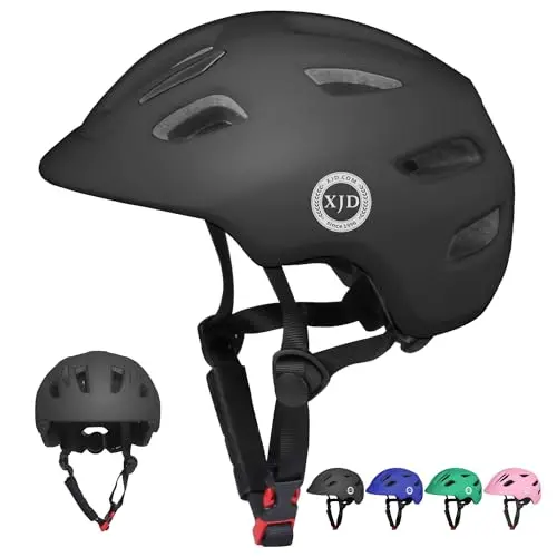 XJD toddler helmet in black, highlighting the 14 ventilation holes and integrated bug mesh.