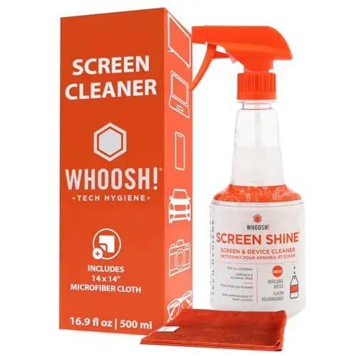 WHOOSH! Screen Shine Pro refillable screen cleaner bottle with orange label and microfiber cloth