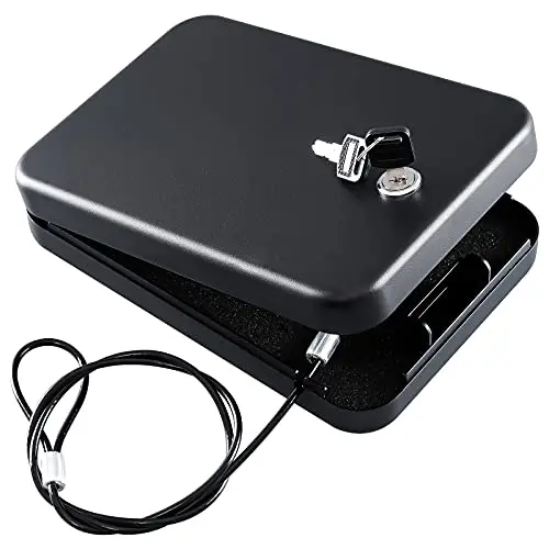 Dalmbox black steel handgun lock box with key lock and security cable