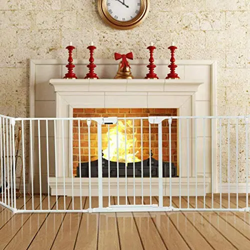 Costzon white metal fireplace fence with a walk-through door