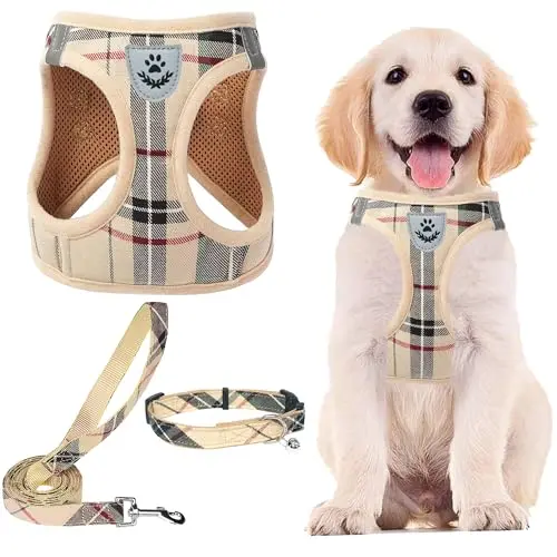 PUPTECK plaid patterned dog harness, collar, and leash set laid out flat