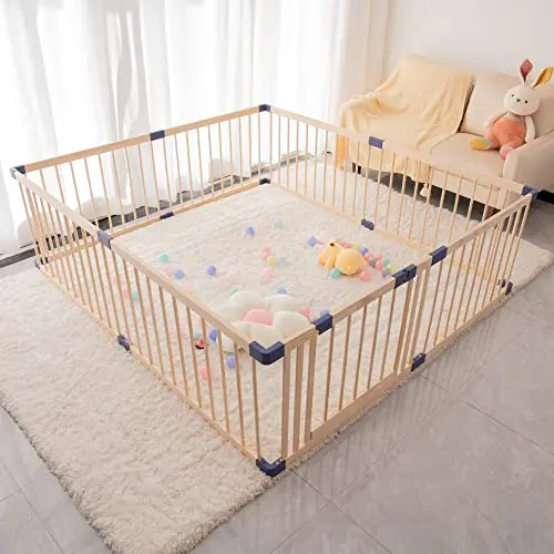 BONRCEA natural wood foldable baby playpen activity center with gate