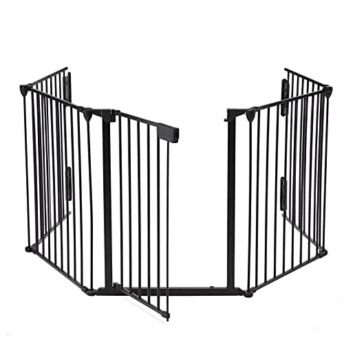 AUXSOUL 5-panel black baby gate used as a fireplace fence