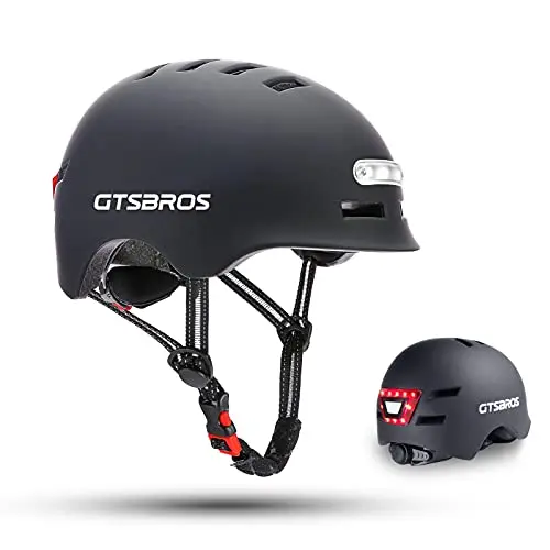 GTSBROS adult cycling helmet with integrated white front LED and red rear light on the back.