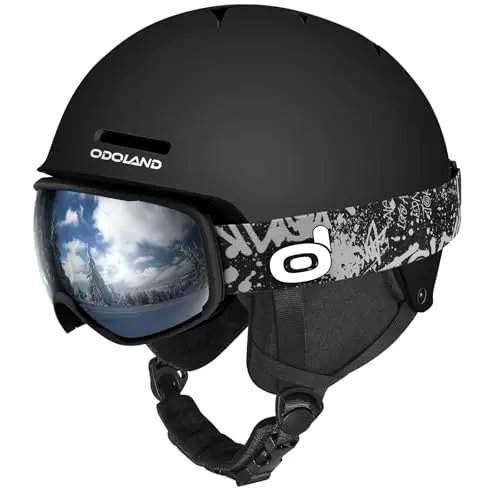 Odoland kids ski helmet and separate ski goggles set in black.
