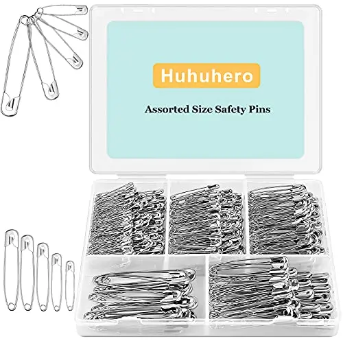 Huhuhero 340-piece bulk safety pin set with five sizes in a storage box