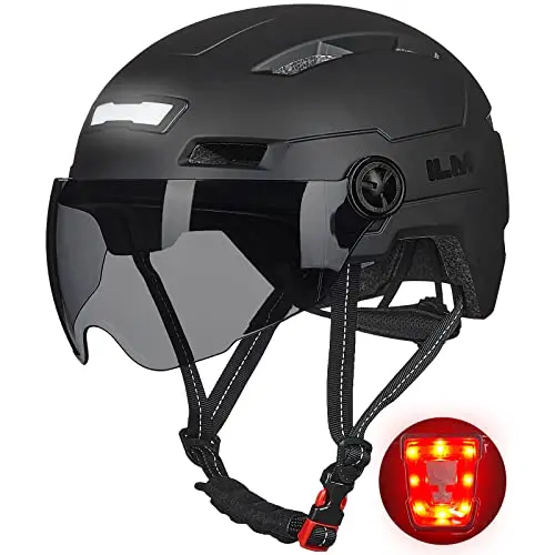 ILM adult cycling helmet with integrated front and rear LED lights and a removable tinted goggle.