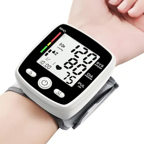 MBUPAI digital wrist blood pressure machine with USB charging cable and case