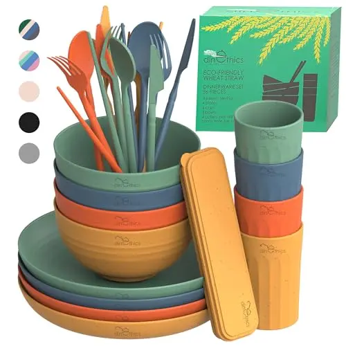 DINETHICS multicolor wheat straw dinnerware set with plates, bowls, and cups