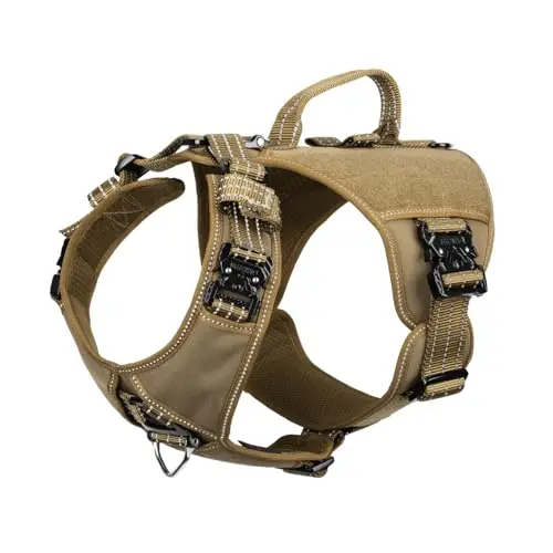 ICEFANG GN8 Tactical Dog Harness in brown, showing heavy-duty metal buckles and adjustable straps