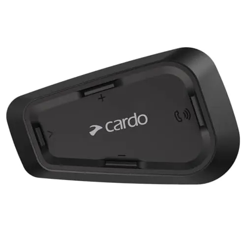 Cardo Spirit black motorcycle Bluetooth headset mounted on a helmet