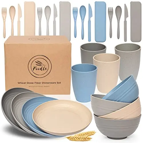 FOODLE wheat straw dinnerware set with plates, bowls, and cups in modern colors