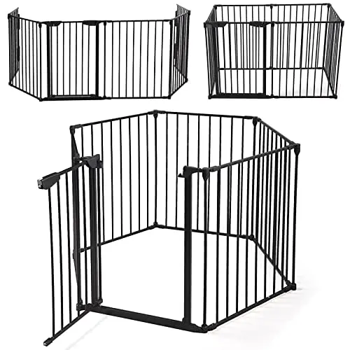Olesil black metal 6-panel baby gate in a U-shape around a hearth
