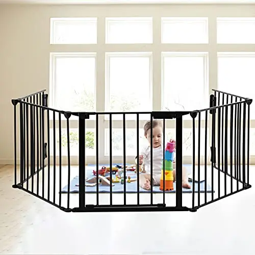 SOSPIRO black metal baby gate mounted in a doorway near a wood stove