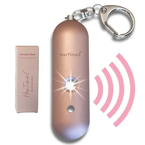 HerTime2 Personal Safety Alarm in Rose Gold, showing a compact keychain design