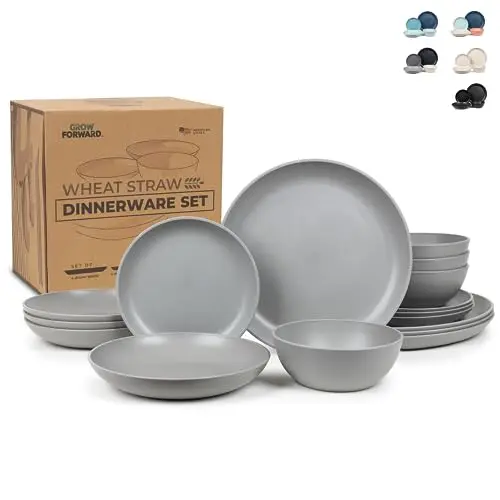 Grow Forward 16-piece wheat straw dinnerware set in Feather Grey, showing dinner plates, dessert plates, and bowls