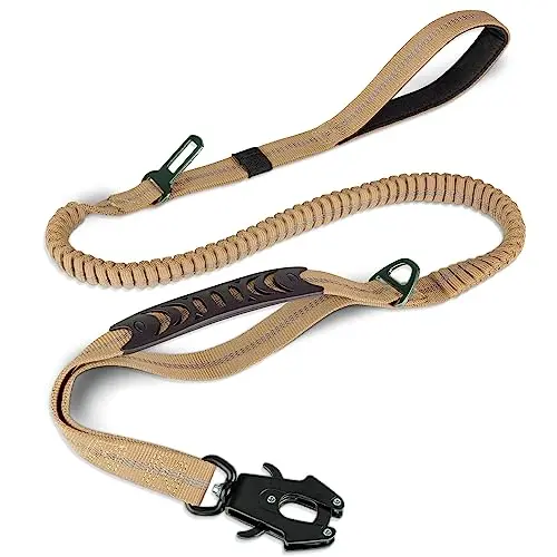 Joytale coyote brown tactical bungee dog leash with seatbelt clip.