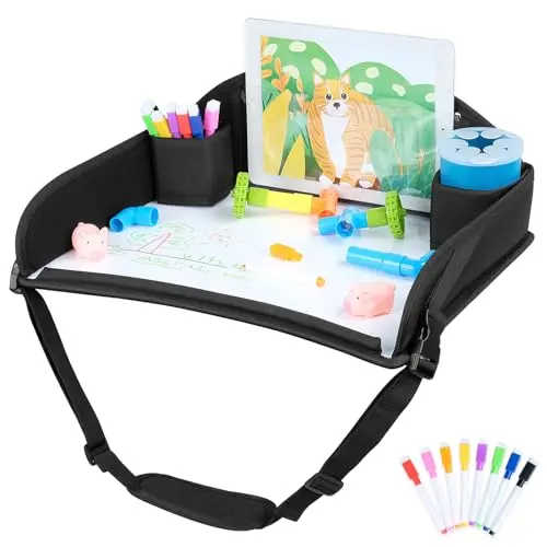 COOLBEBE Toddler Car Seat Lap Tray with two cup holders and markers.