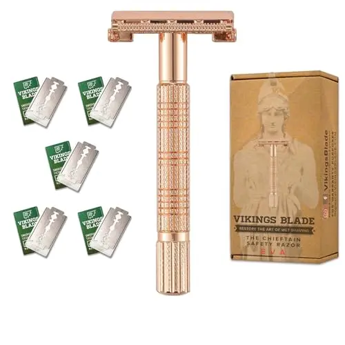 Vikings Blade Eva women's safety razor with quick-release head on a bathroom counter