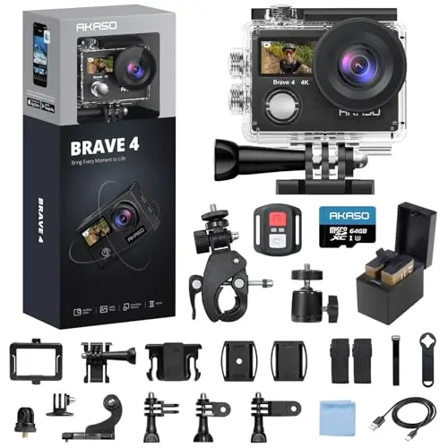 AKASO Brave 4 Action Camera mounted on a bicycle helmet with accessories.